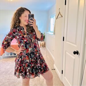 Saloni Red Blue Printed Silk Button Front Mini Dress 4